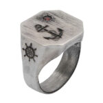 Ring with anchor, crescent and star engraved with red zircon stone - 925 silver