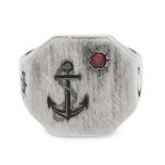 Ring with anchor, crescent and star engraved with red zircon stone - 925 silver