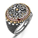 Silver ring, large engraving, with red ruby stone - 925 caliber