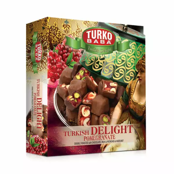 Turkish delight with pomegranate and pistachio covered with chocolate - 350 gr