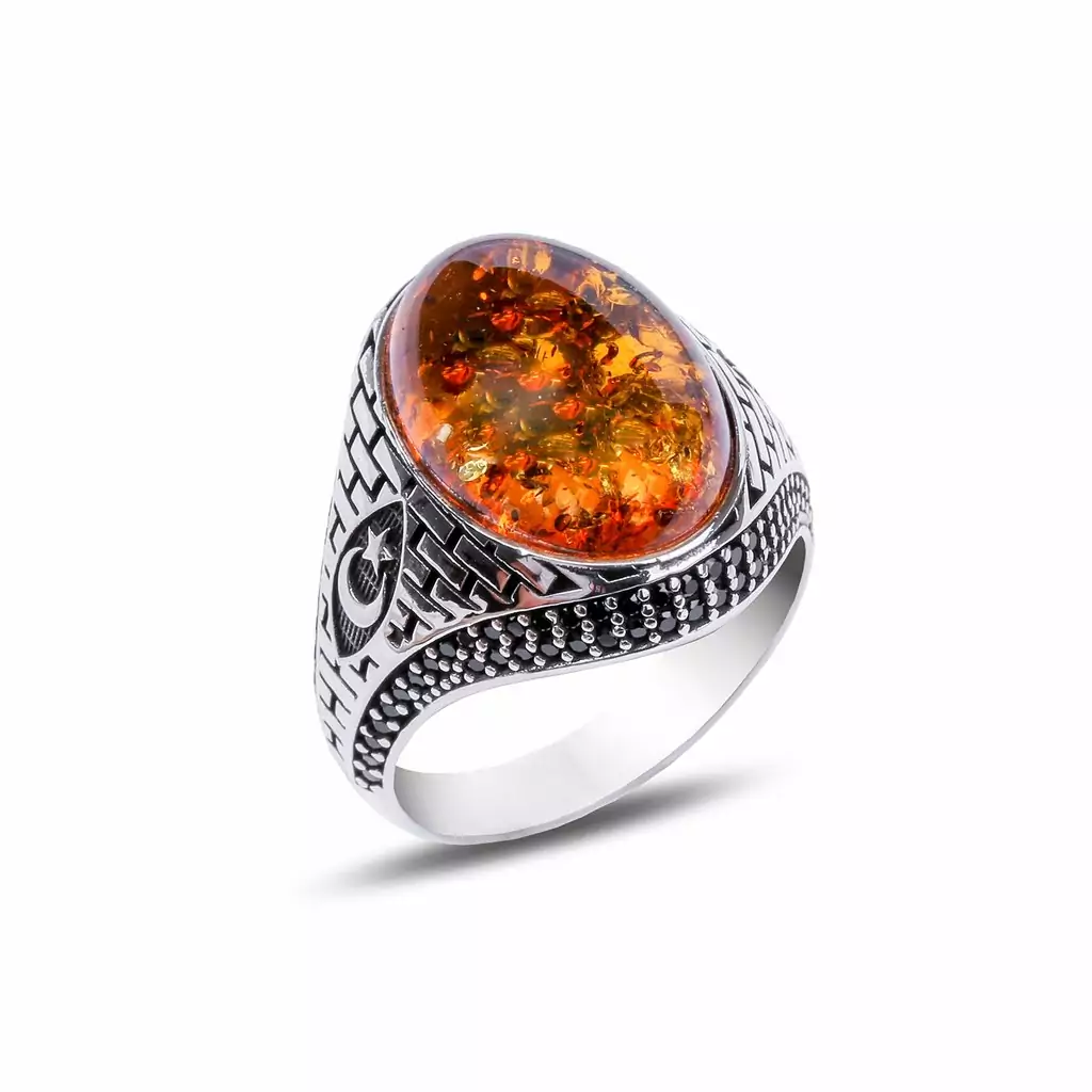 Men's silver ring, amber stone, decorated with crescent and star, 925 caliber, original. Fast shipping to all parts of the world from Bashasaray within 3 to 5 days. Order now and it will be delivered to your door