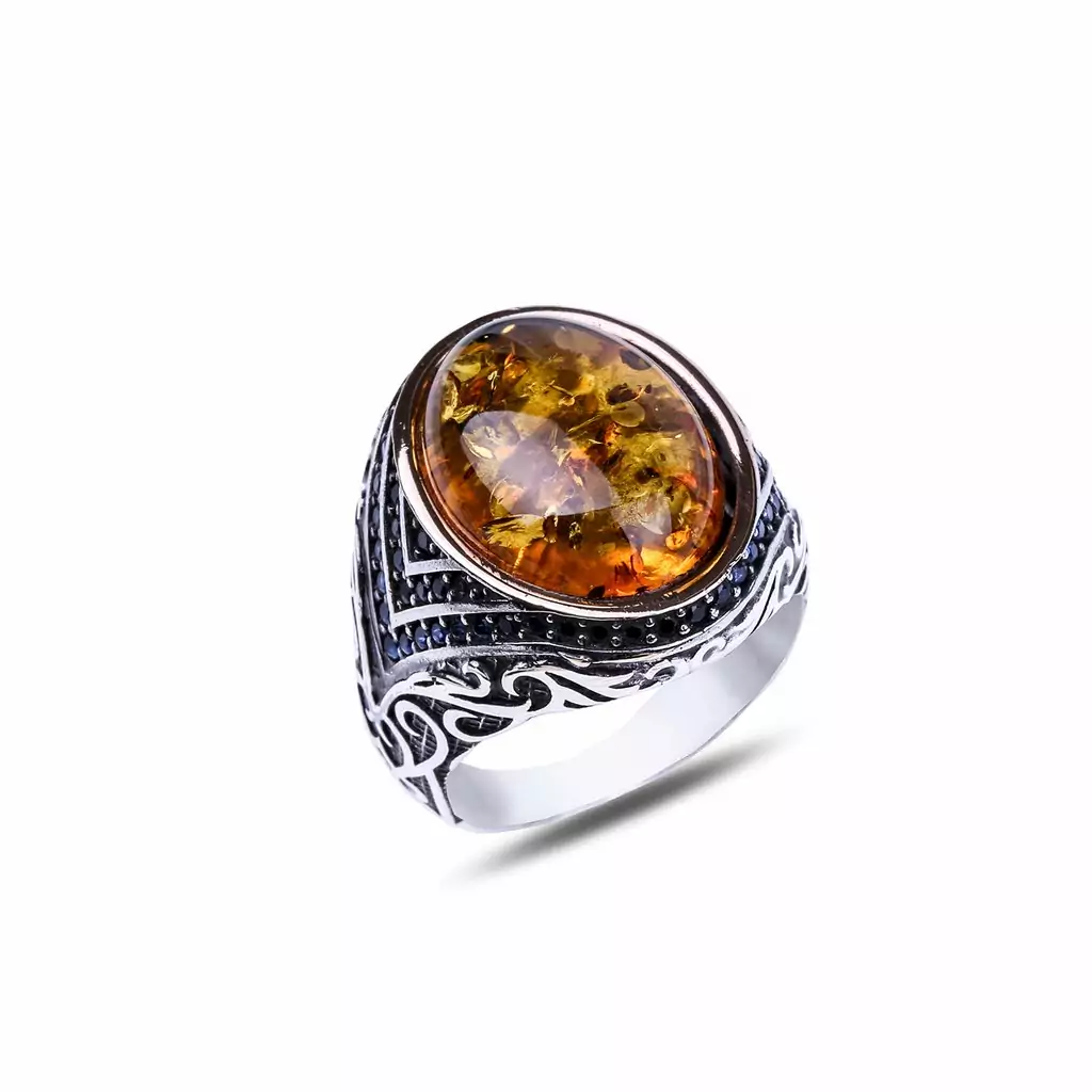 Silver ring with amber stone, Ottoman heritage caliber 925