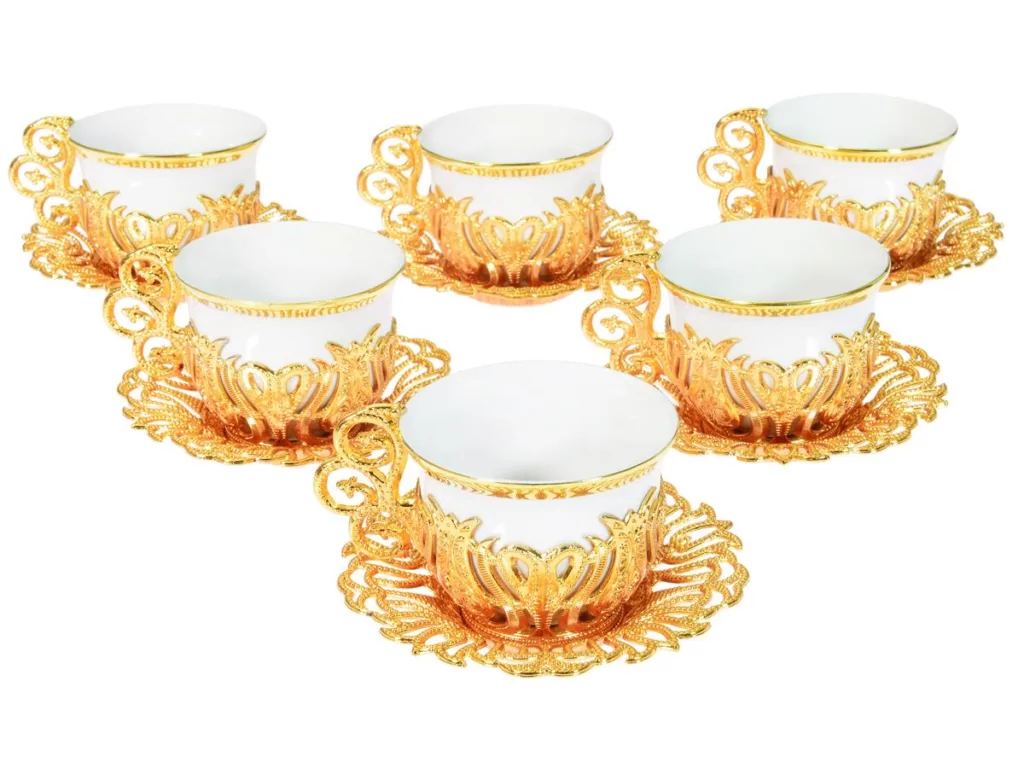 A set of silver and golden Turkish coffee cups, 6 cups