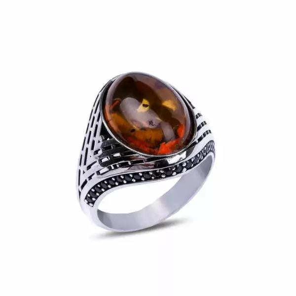 Men's silver ring with amber stone and zircon 925 caliber