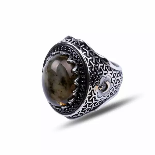 Silver ring with amber stone, Seljuk heritage, with crescent and star, 925 caliber, original. Fast shipping to all parts of the world from Bashasaray within 3 to 5 days. Order now and it will be delivered to your door