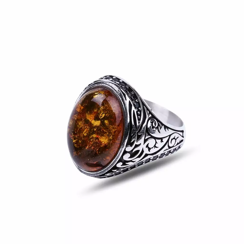 Silver ring with amber stone with zircon stone on the sides, caliber 925, original. Fast shipping to all parts of the world from Bashasaray within 3 to 5 days. Order now and it will be delivered to your door.