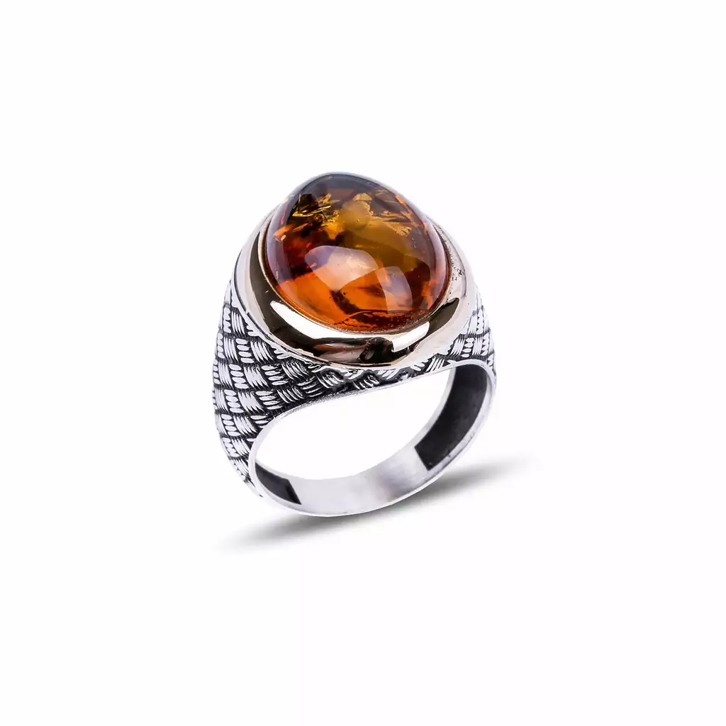 Silver ring with amber stone, with a striped pattern, 925 caliber, original. Fast shipping to all parts of the world from Bashasaray within 3 to 5 days. Order now and it will be delivered to your door