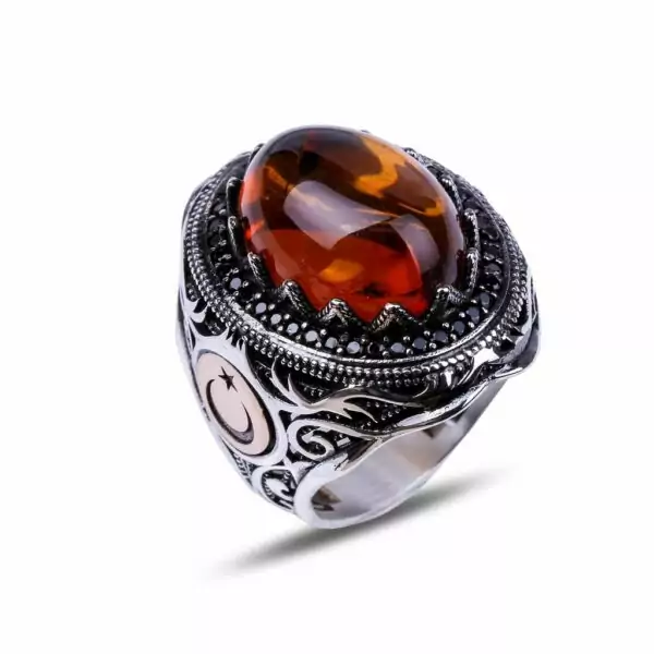 Silver ring with amber stone and zircon, signed by the Ottoman Sultan, the crescent and the star, caliber 925, original. Fast shipping to all parts of the world from Bashasaray within 3 to 5 days. Order now and it will be delivered to your door