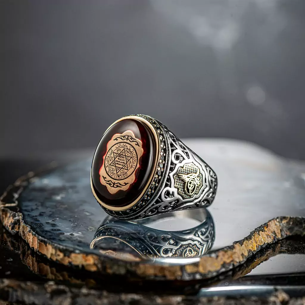 Silver ring with amber stone, the seal of Solomon and the signature of the Ottoman Sultan, caliber 925, original. Fast shipping to all parts of the world from Bashasaray within 3 to 5 days. Order now and it will be delivered to your door