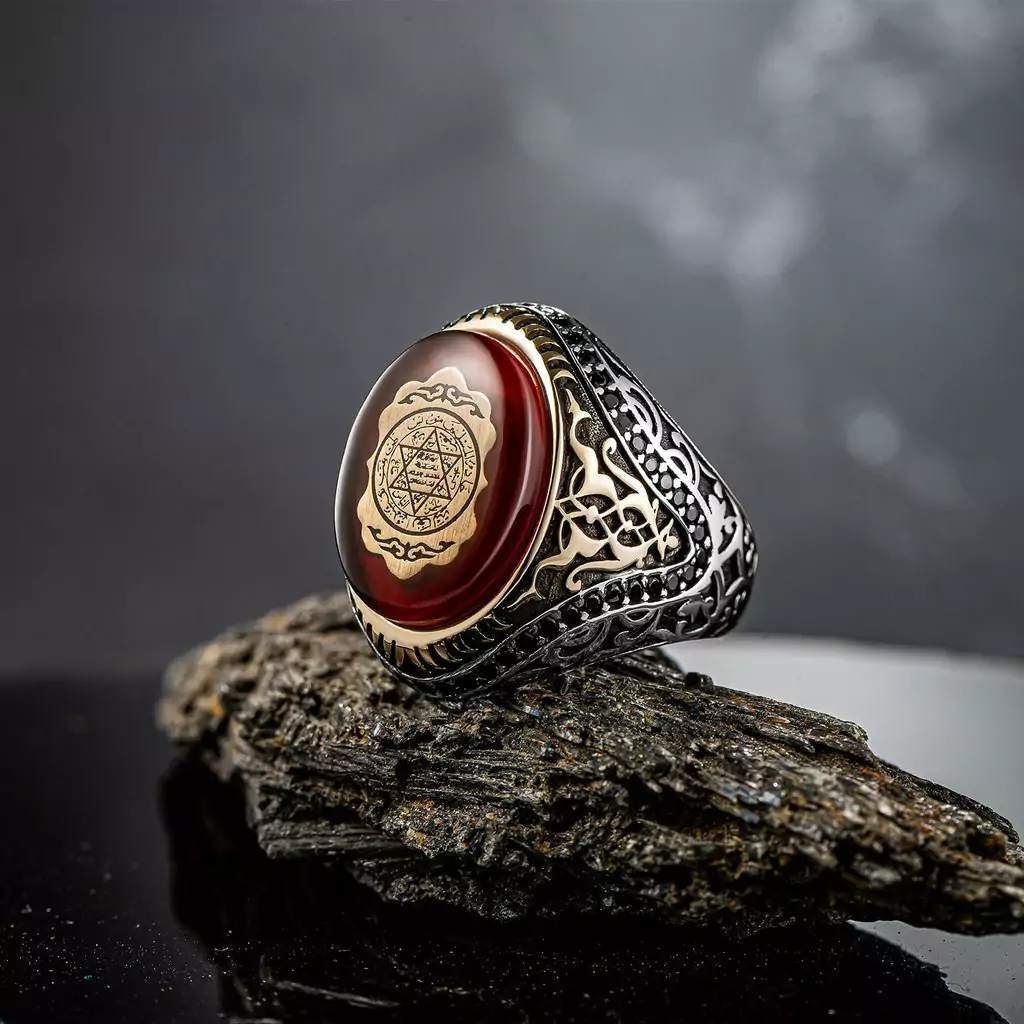 Silver ring with red amber stone, Solomon's seal - 925