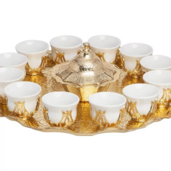 A set of bitter coffee cups, 10 cups, with a candy box and a serving plate, a distinctive silver and golden color. Fast shipping from Bashasaray to your doorstep. Order now