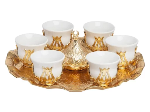 A set of bitter coffee cups, 6 cups, with a candy box and a serving plate, a distinctive silver and golden color. Fast shipping from Bashasaray to your door. Order now