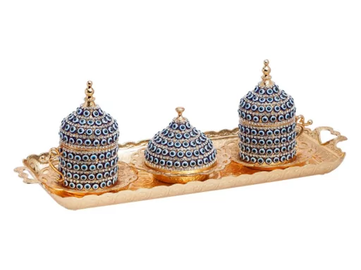 A set of two blue beaded coffee cups, a candy box and a serving dish, in a distinctive silver and golden color. Fast shipping from Bashasaray to your doorstep. Order now