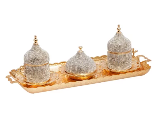 A set of two zircon stone coffee cups with a candy box and a serving dish, distinctively silver and golden. Fast shipping from Bashasaray to your doorstep. Order now