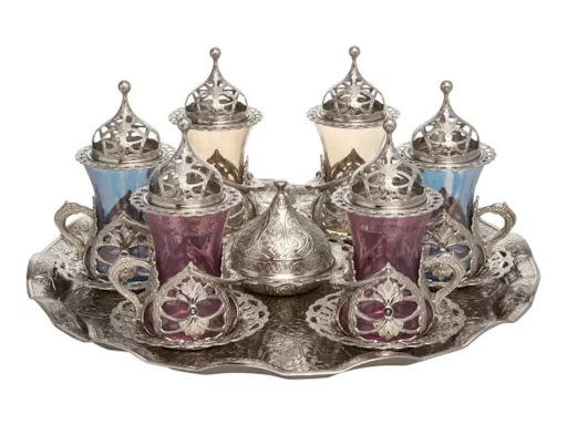 A set of colorful tea cups, Harem Al Sultan model, with a candy box and serving plate, different colors in a distinctive way. Fast shipping from Bashasaray to your doorstep. Order now