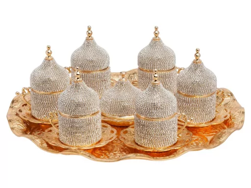 Luxurious Turkish coffee cups with zircon stones and a serving dish - silver and gold