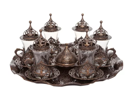 A set of tea cups, Harem Al-Sultan model, with a box of sweets and a serving plate, different colors in a distinctive way. Fast shipping from Bashasaray to your doorstep. Order now