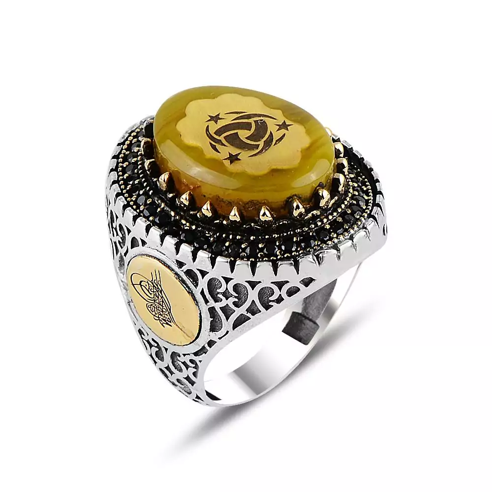 Men's silver ring, amber stone, triple engraving, with the sultan's seal, caliber 925. Fast delivery to all countries of the world, from Bashasaray to your doorstep. Order now