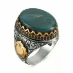 Turkish men's silver ring, green amber stone, hand decorated, 925 caliber. Fast delivery to all countries of the world, from Al-Pasha Palace to your doorstep. Order now