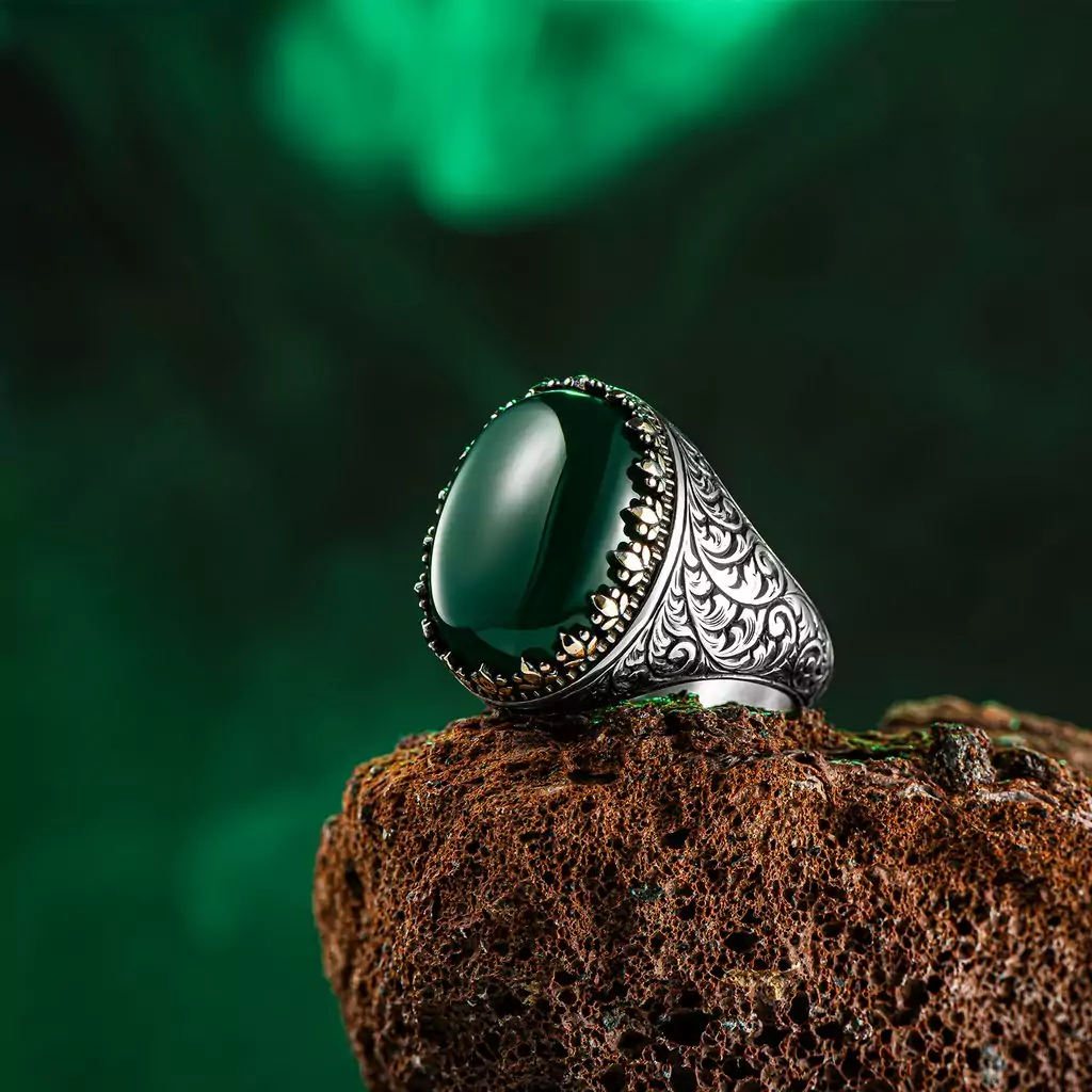 Men's silver ring, green agate stone, 925 caliber