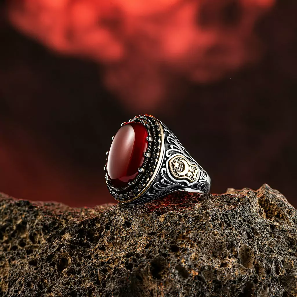 Men's 925 silver ring with red agate stone. Fast delivery to all countries of the world from Bashasaray to your doorstep. Order now