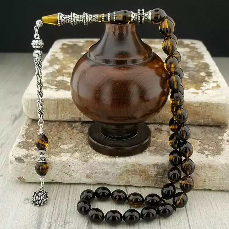 Men's silver rosary with 925 caliber amber stone