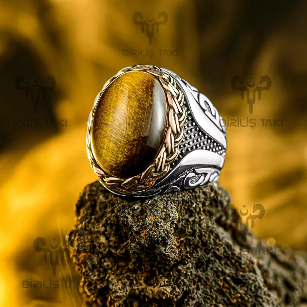 Tiger's eye ring with golden decoration - 925 silver