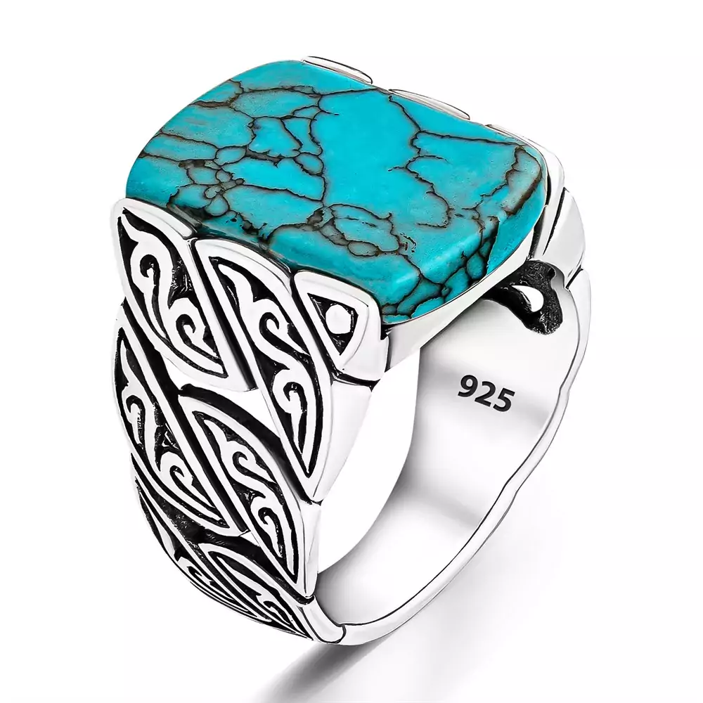 Twisted pattern ring with turquoise stone - 925 sterling silver