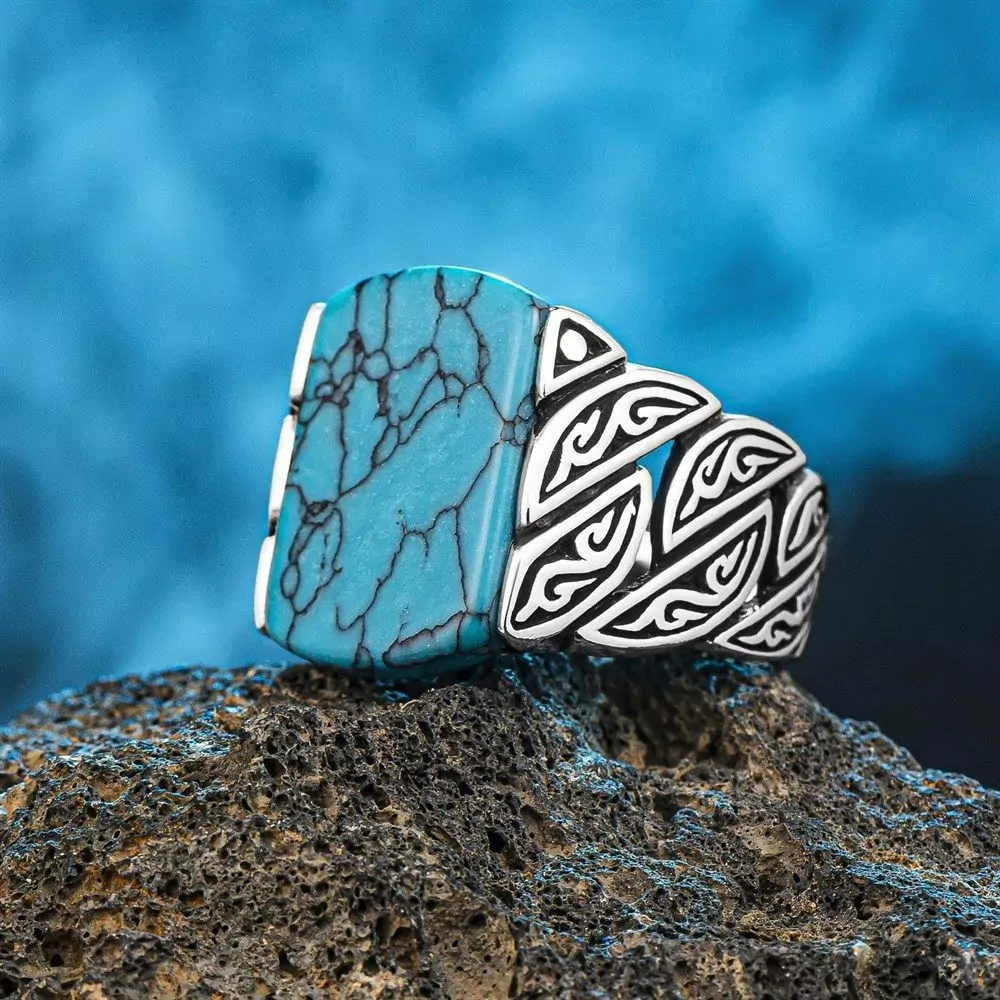 Twisted pattern ring with turquoise stone - 925 sterling silver