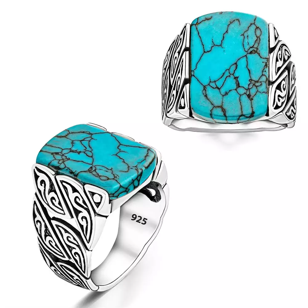 Twisted pattern ring with turquoise stone - 925 sterling silver